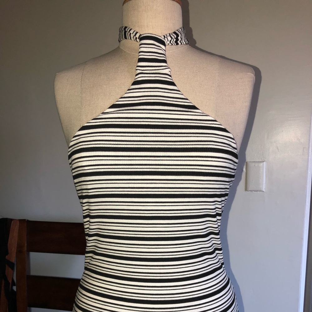 White and Black stripped Bodysuit, Size Large